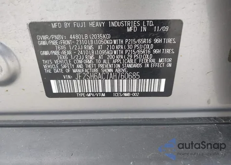 2010 Subaru Forester 2.5X z USA, uszkodzony, nr VIN JF2SH6AC7AH760685